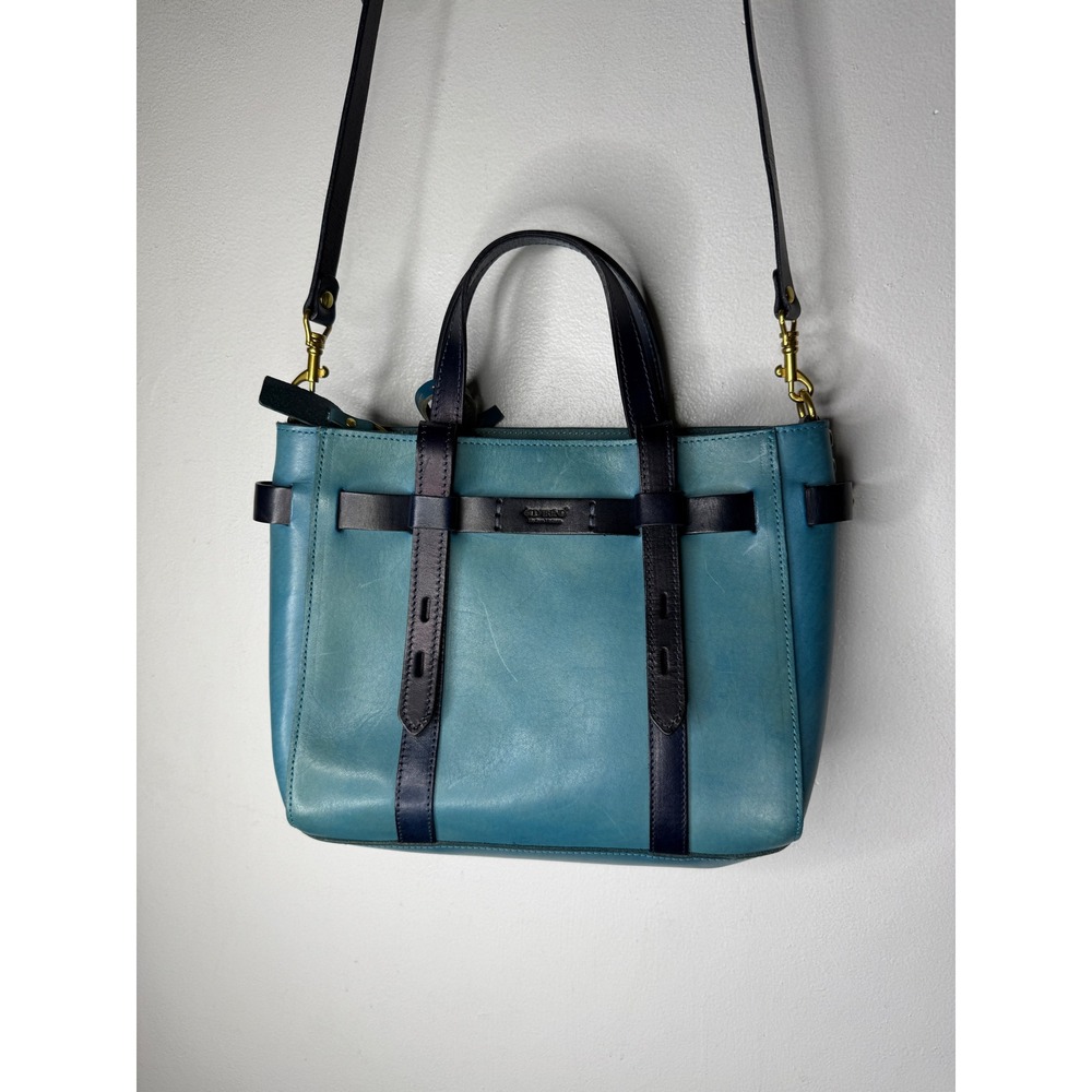 Old trend mini tote teal leather black leather ribbon